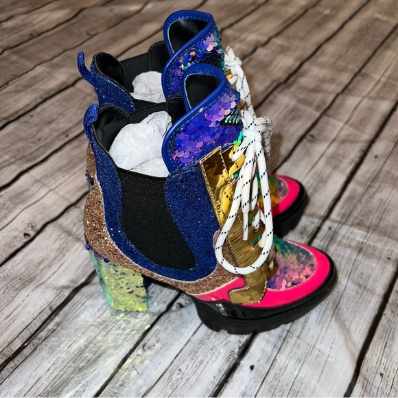 Sequin Combat Platform Heel Booties - Picture 3 of 15